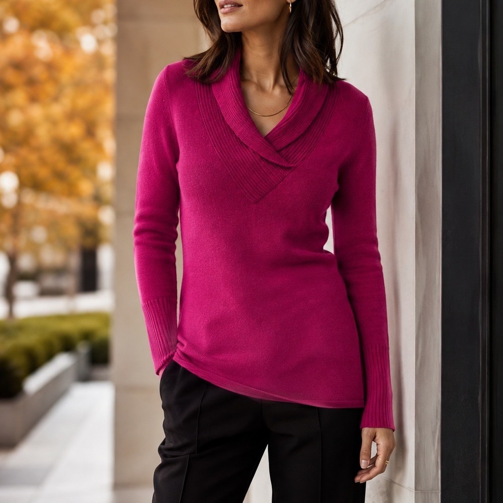 Elie Tahari 100% Cashmere Cowl Neck Tunic Sweater Fuchsia Medium